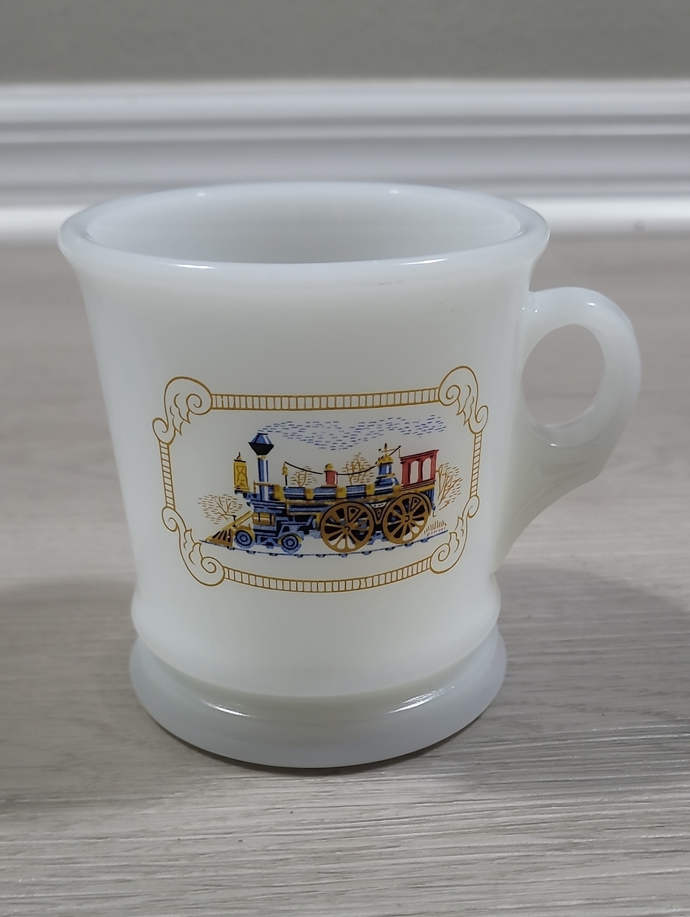 Vintage Avon Milk Glass Shaving Mug Iron Horse Steam Train 1970s Rustic Retro